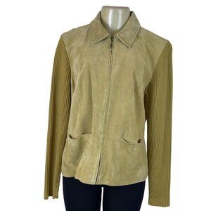 J. Marco Catalog Womens Beige Leather Jacket Zip Front Ribbed Sleeves Size XL